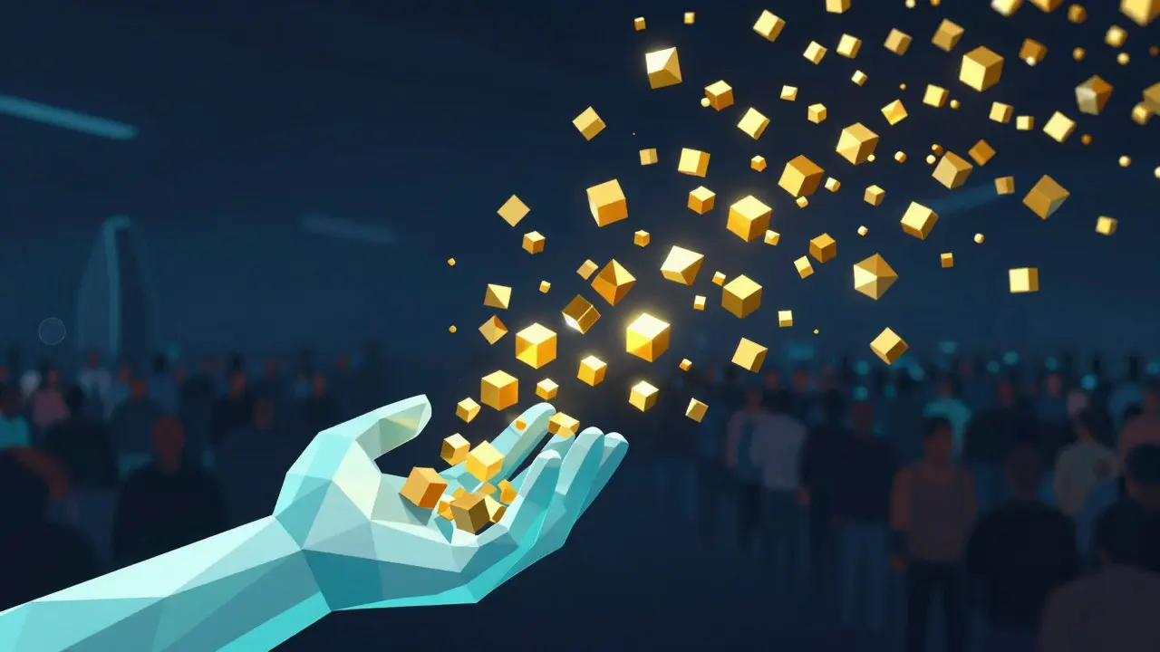 Low poly illustration of a hand releasing golden token cubes into a dark digital space