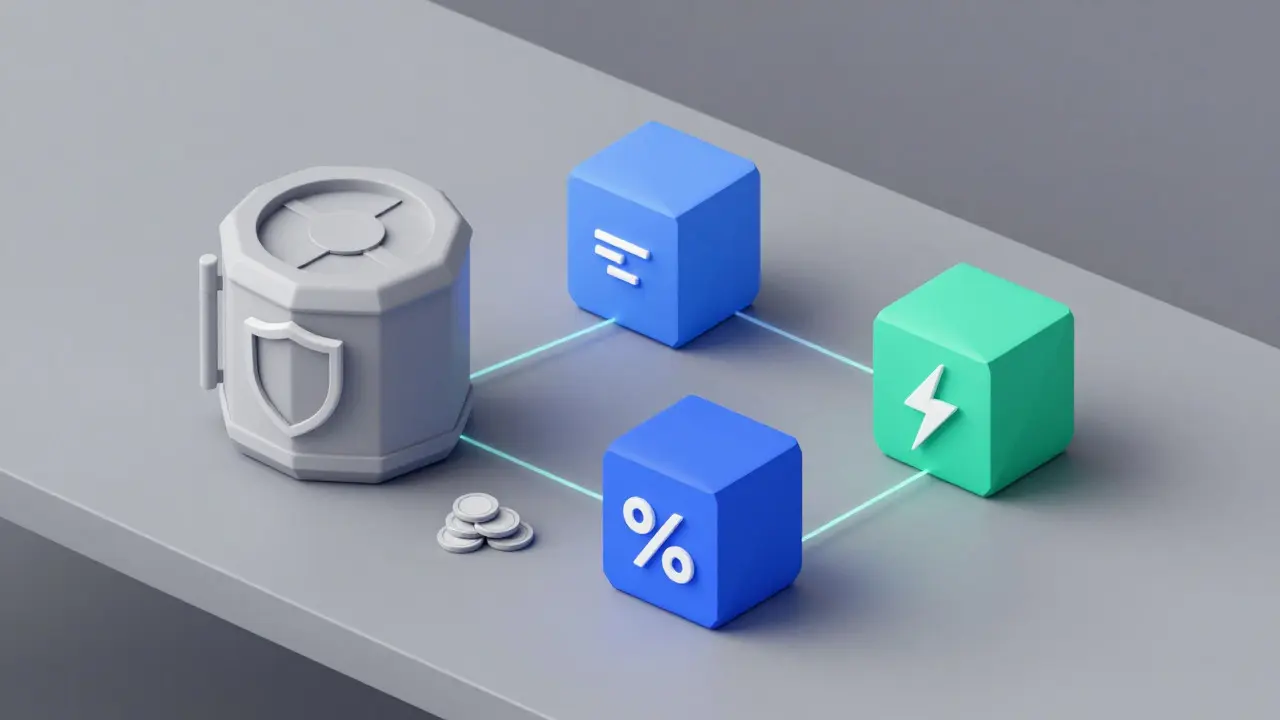 Low poly illustration of a strategic crypto portfolio divided into four functional modules.