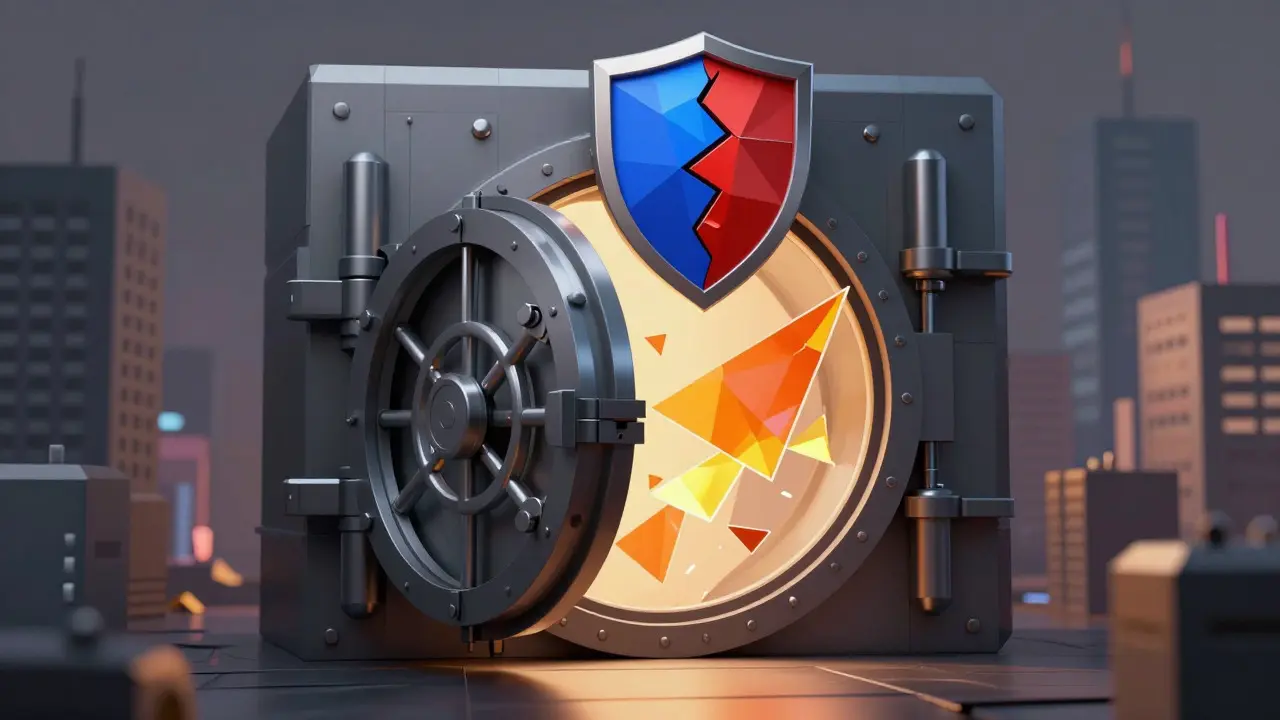 Low poly illustration of a vault door with jagged shards representing security risks
