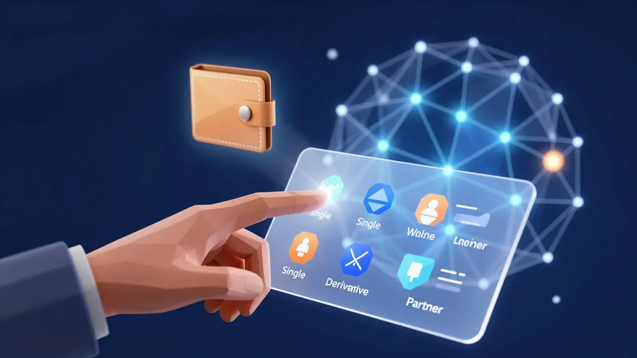 Low poly image of a hand interacting with a floating digital interface representing crypto staking options.
