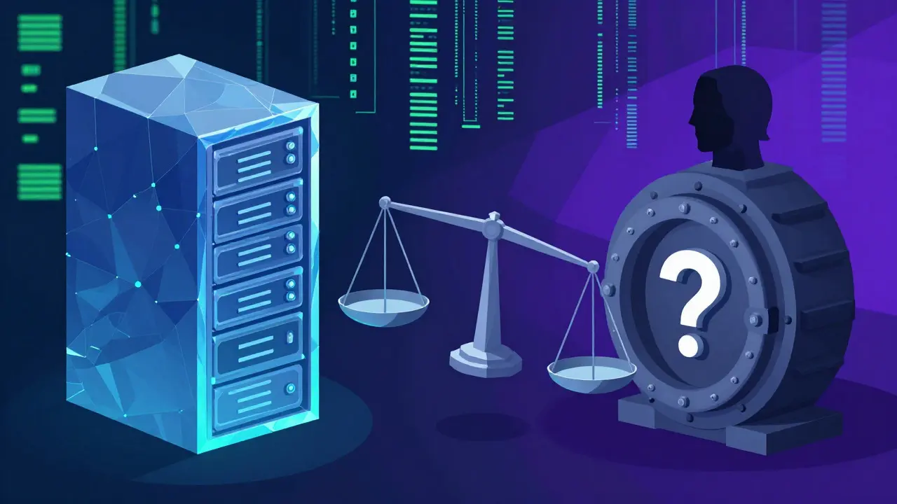 Low poly scale balancing tech servers against an opaque vault