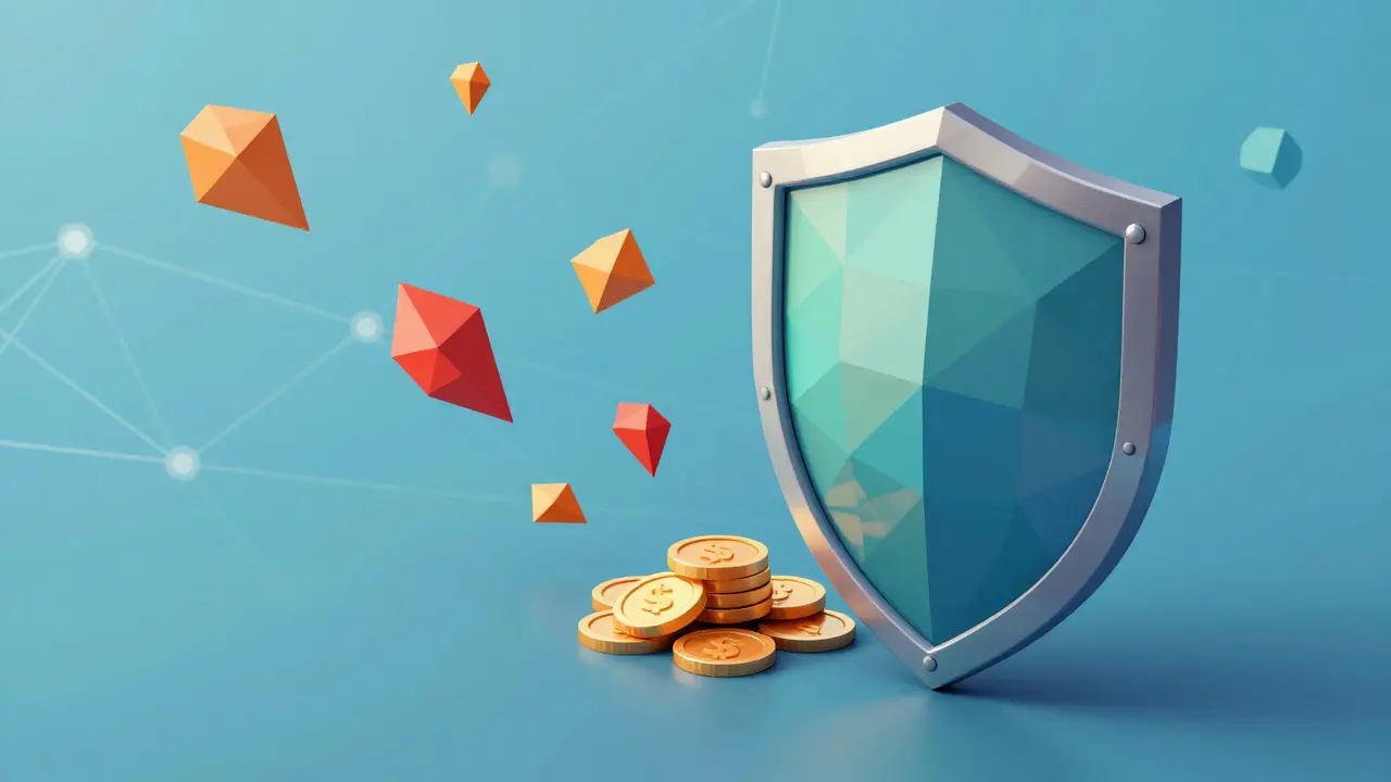 Low poly shield protecting coins from jagged threat shapes in a digital network