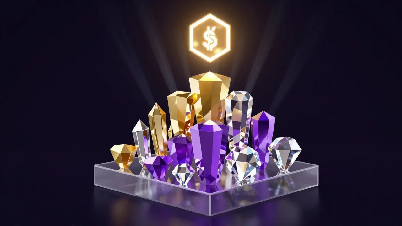 Low poly tiered crystal pyramid showing token utility benefits