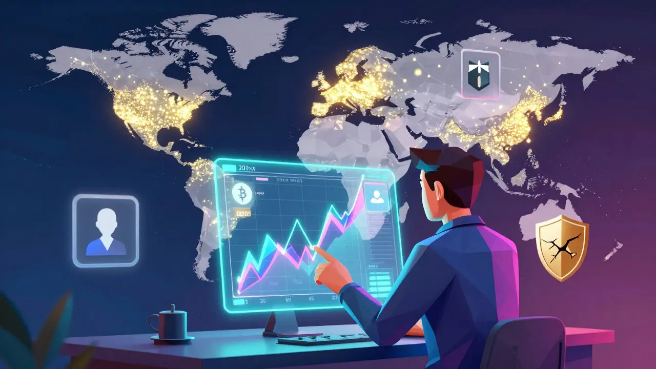 Low poly trader interacting with holographic crypto charts
