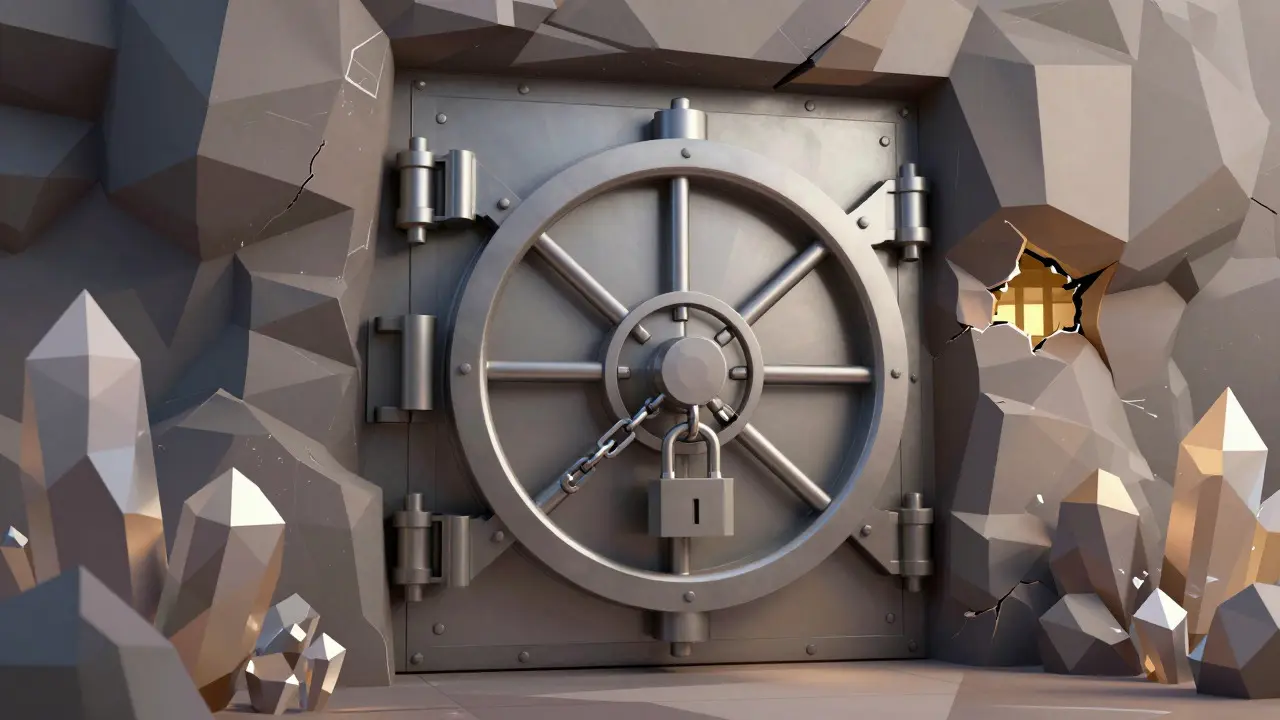 Low poly vault door secured within a crystalline rock wall with glowing internal light