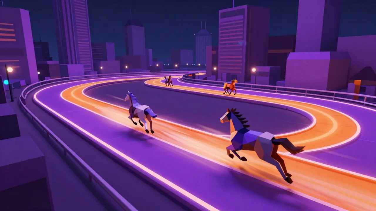 Neon low poly horses racing on a futuristic track