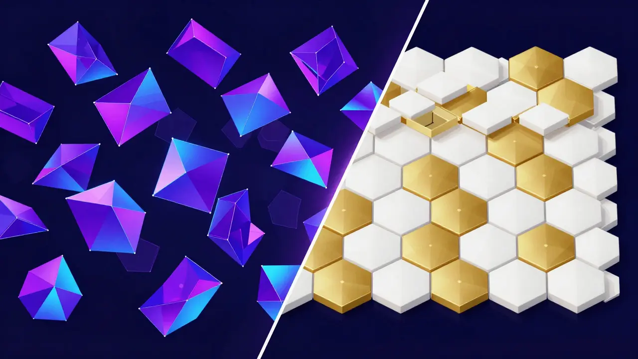 Split low poly image showing chaotic crypto vs ordered government blockchain