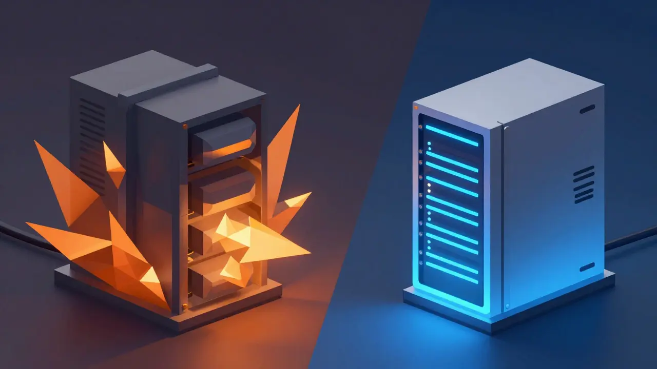 Split view comparing an energy-intensive mining rig with an efficient staking server