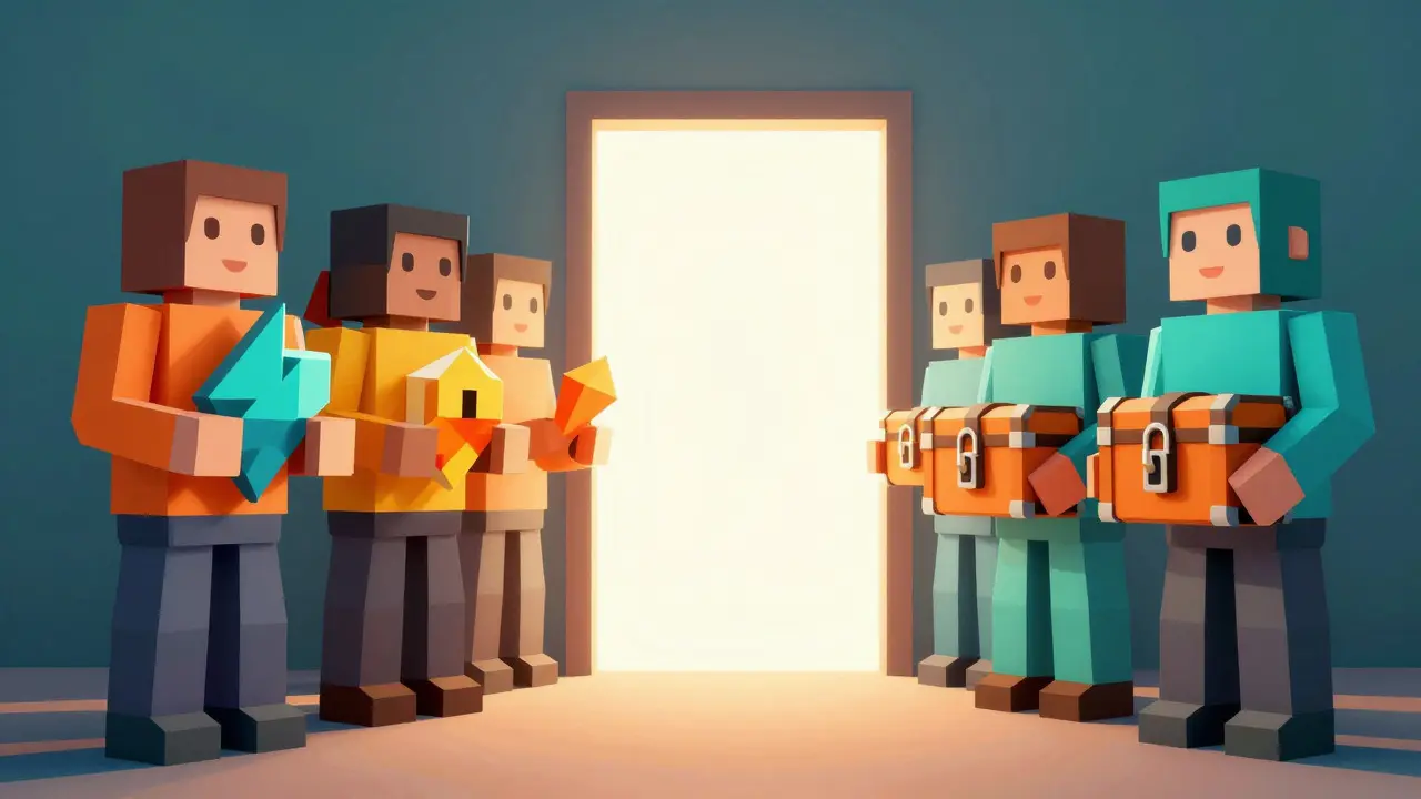 Stylized low poly figures representing NFT artists and holders