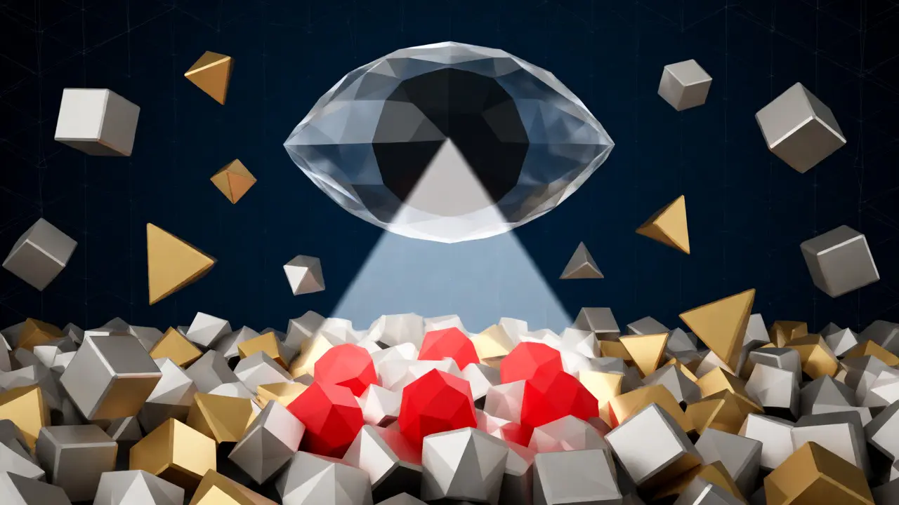 A low-poly eye scanning geometric market shapes to detect manipulation patterns in a digital space.