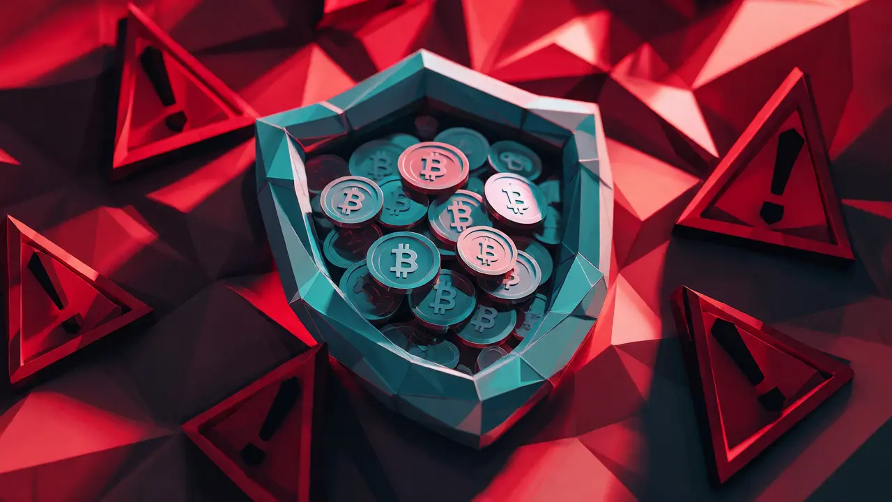 A low poly shield protecting crypto coins from red geometric risk symbols.