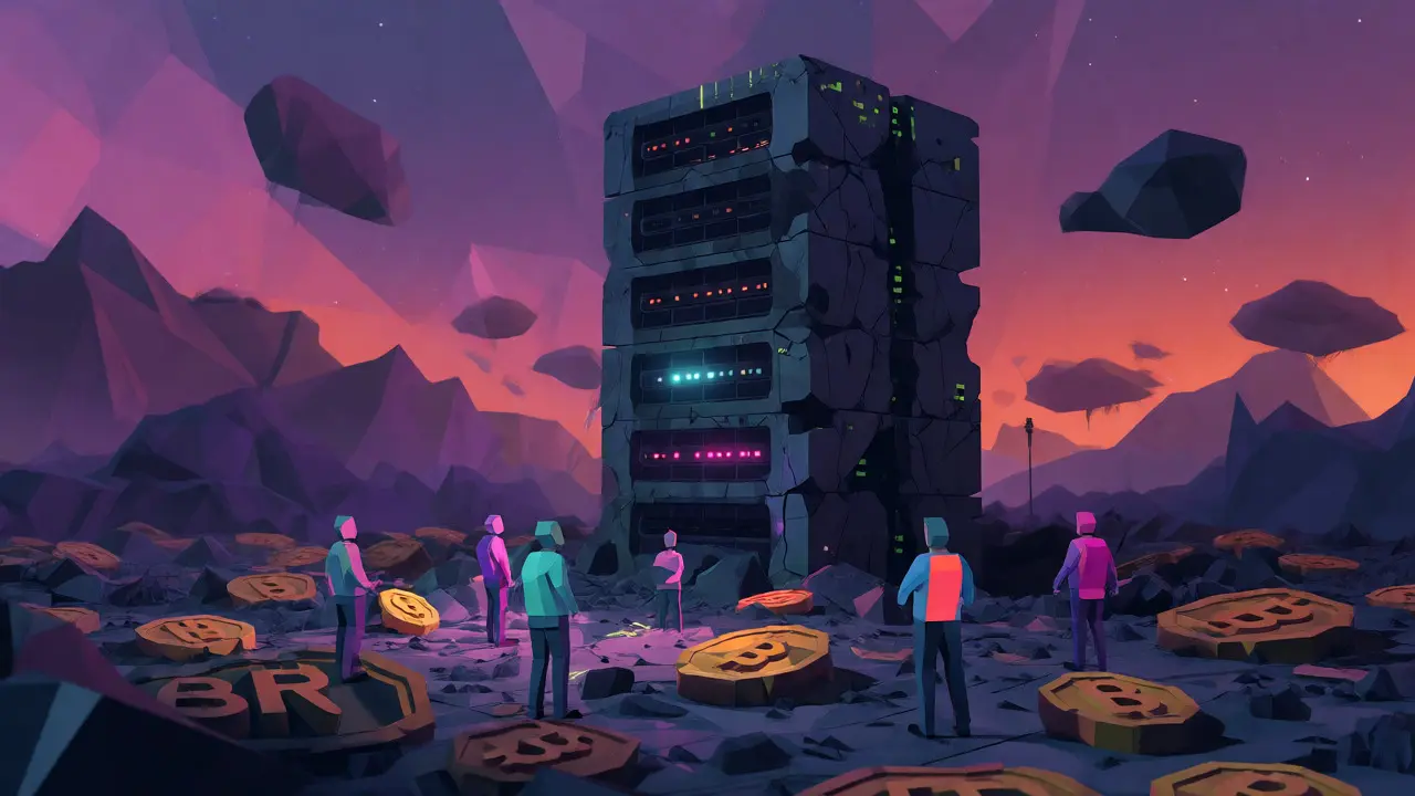Abandoned low-poly server tower with small user figures