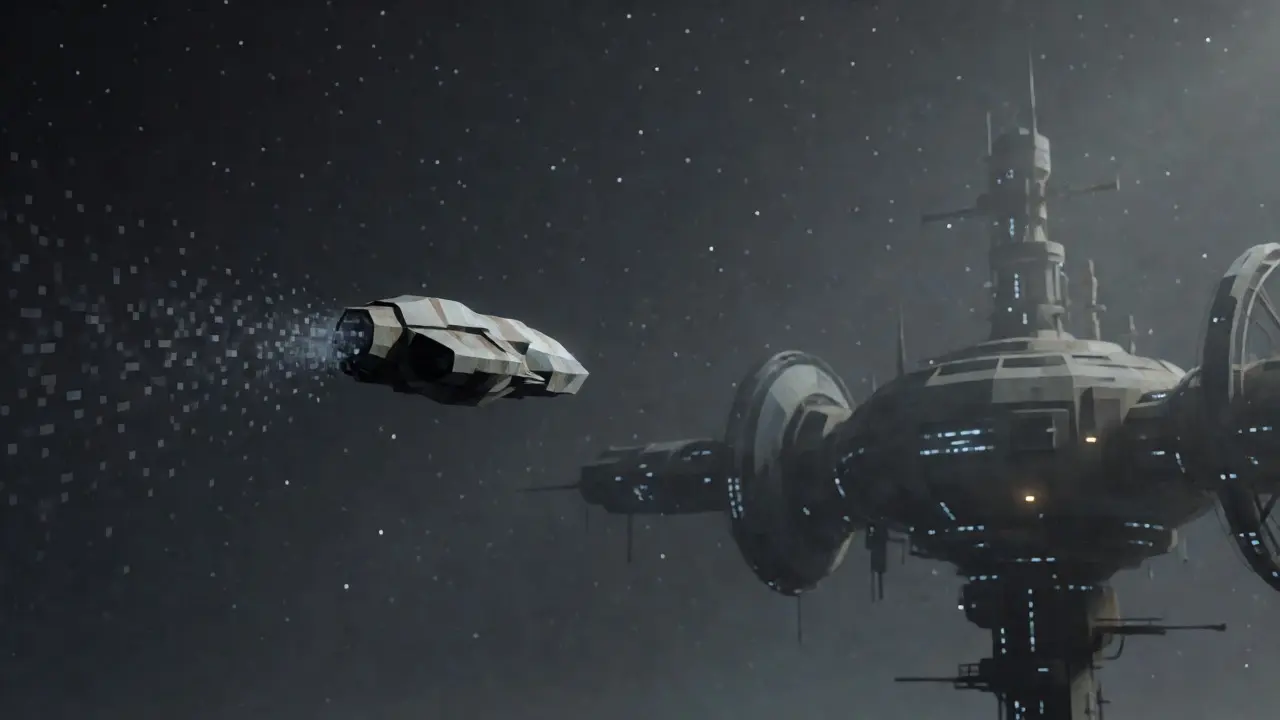 Abandoned low poly spaceship drifting in dark space
