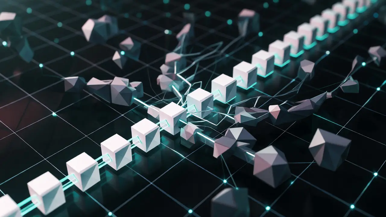 Abstract low poly art showing blockchain forks and orphaned blocks