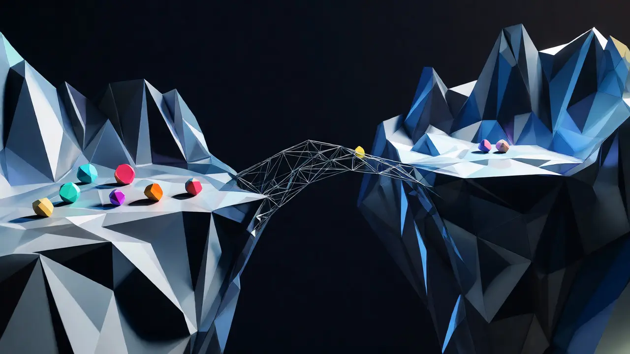 Abstract low-poly bridge over a void showing stagnant crypto tokens and zero liquidity.