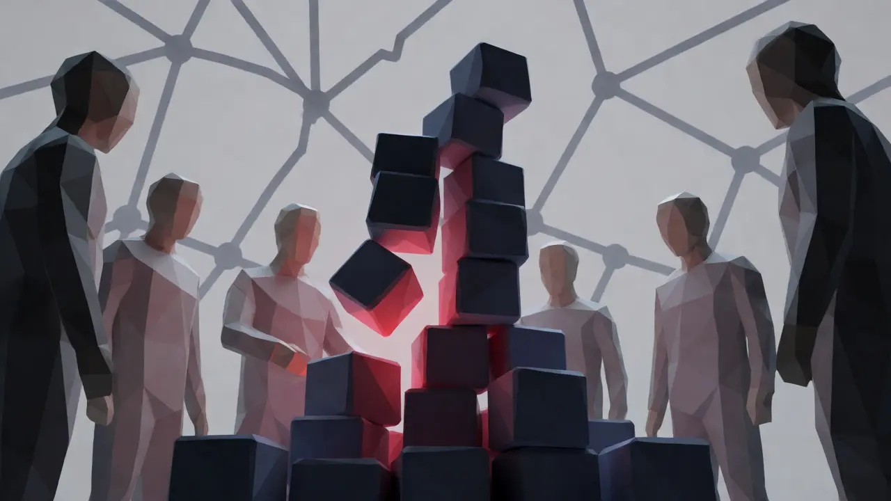 Abstract low poly figures watching a precarious tower of blocks collapse to symbolize rug-pull risk.