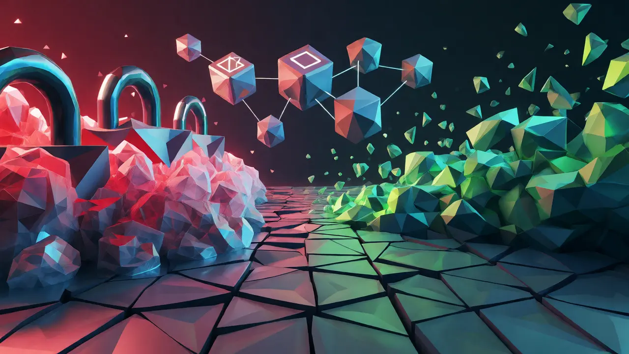 Abstract low poly flow moving from frozen red crystals to a free green decentralized network.
