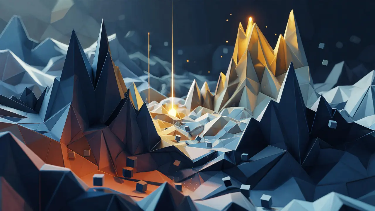 Abstract low poly landscape depicting UMM crypto price volatility and market fluctuations.