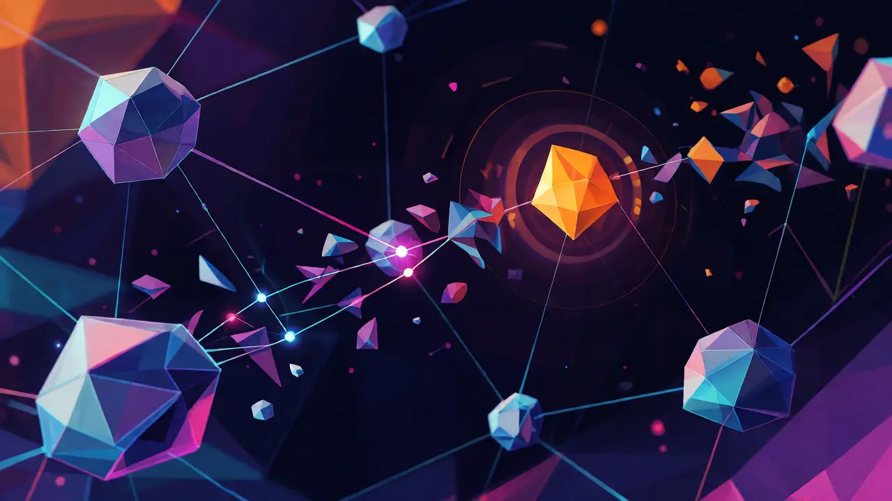 Abstract low-poly network nodes transmitting transaction signals across a web.