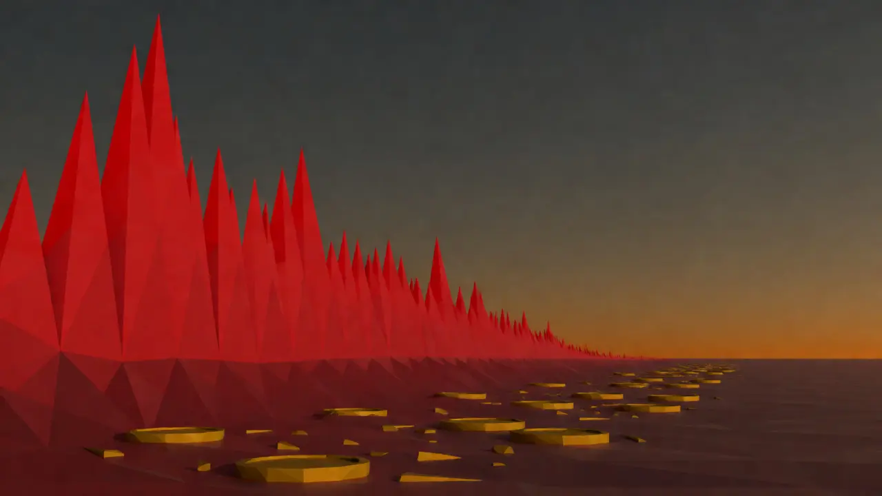 Abstract low poly red graph line showing a steep price decline into a desolate valley