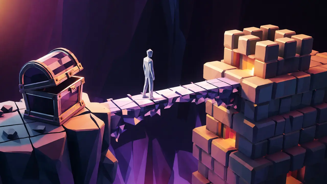 Avatar on fragile bridge between hollow chest and sturdy cube fortress