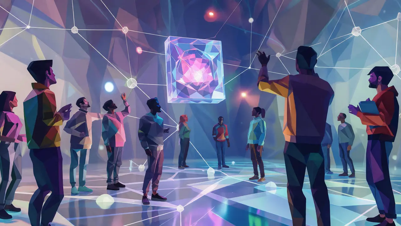 Community of low-poly avatars connected in a web around a central digital music asset.