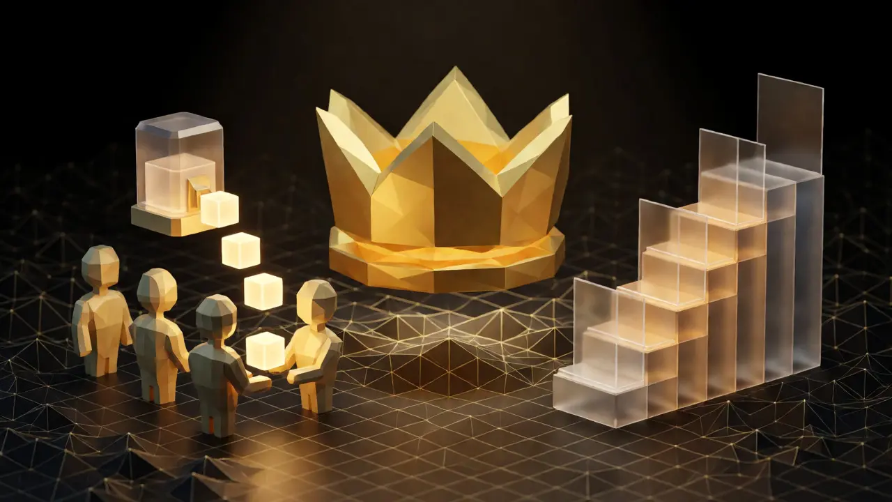 Conceptual low poly scene showing token airdrops and vesting locks