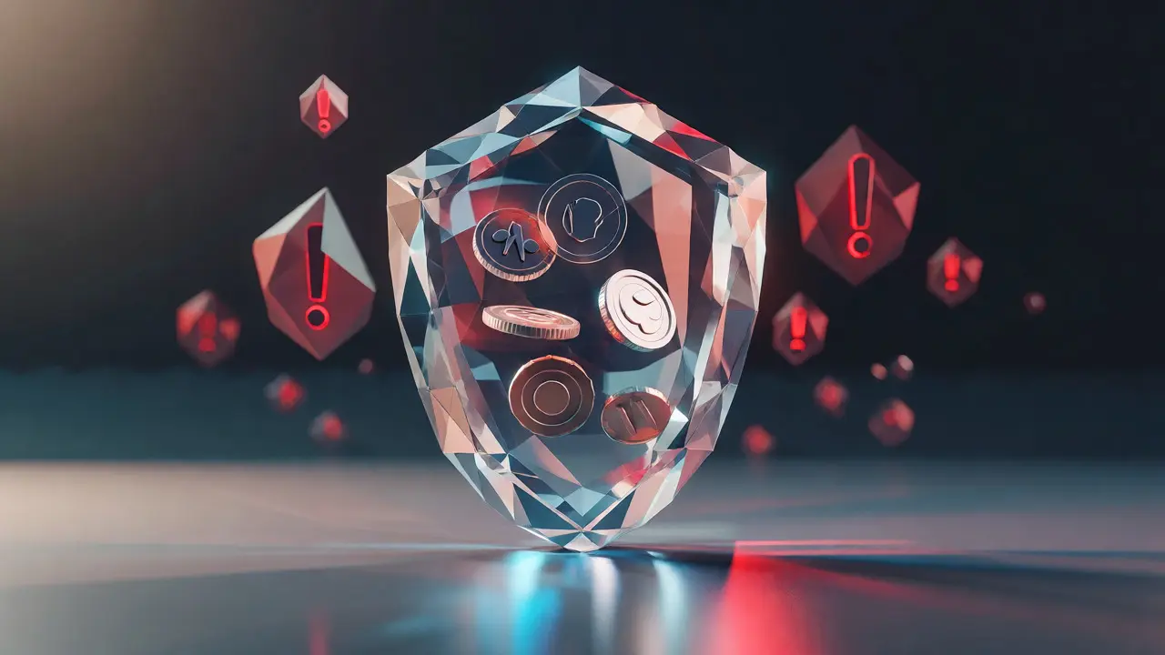 Crystal shield protecting floating crypto tokens in a low poly style