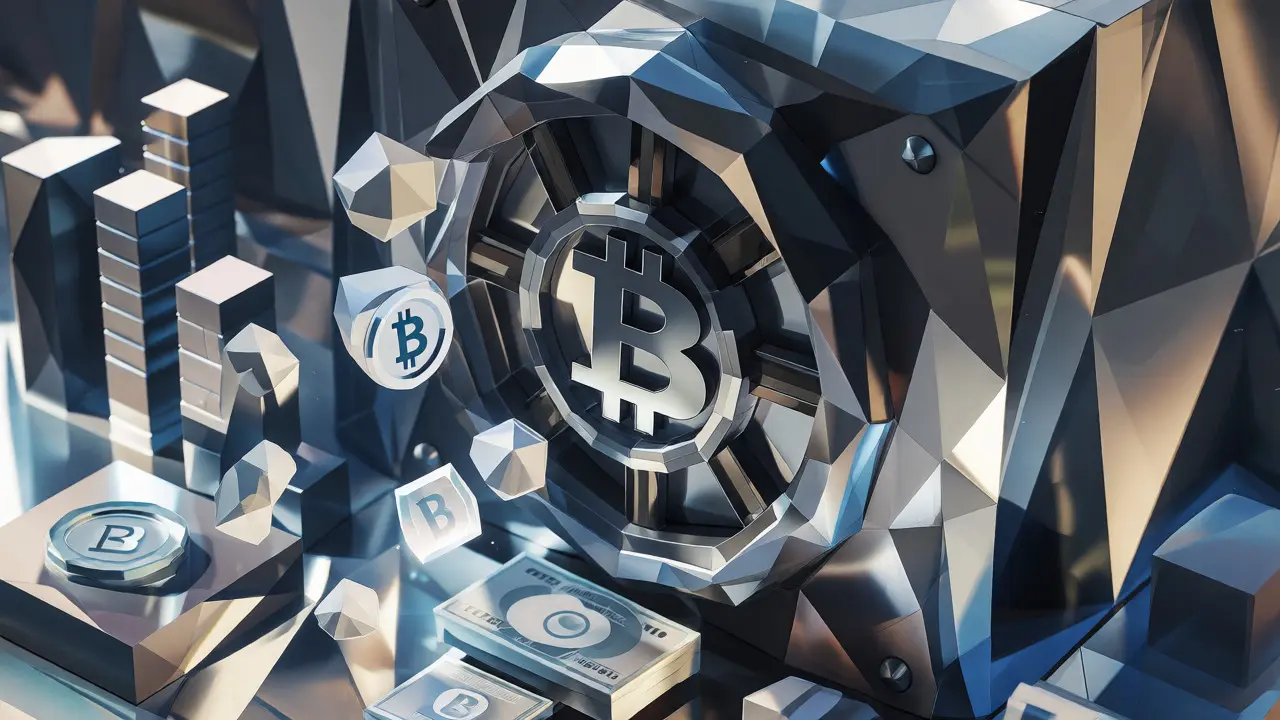 Faceted bank vault blocking floating digital coin shapes