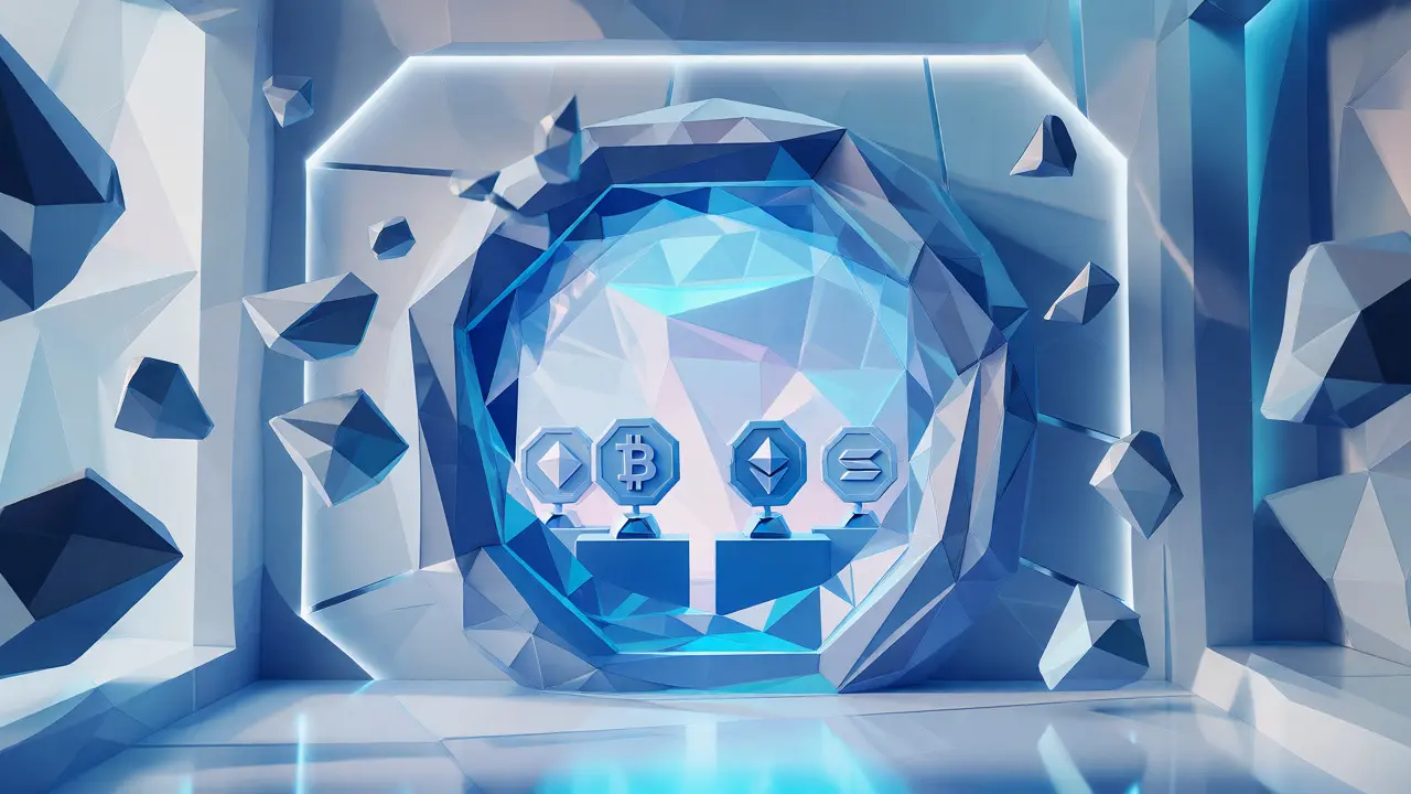 Geometric digital vault displaying approved crypto assets with unlisted tokens fading away