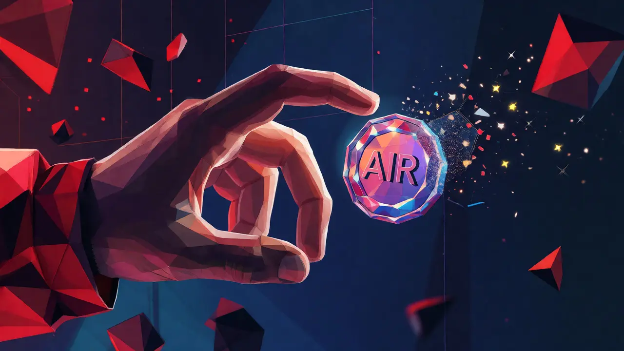 Hand grabbing a low-poly AIR token amidst breaking shards