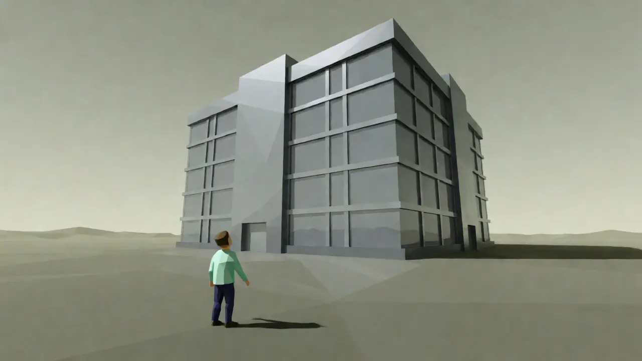 Isolated low poly exchange building in a digital desert with a viewer