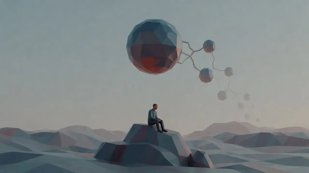 Isolated low poly figure under a fading token sphere