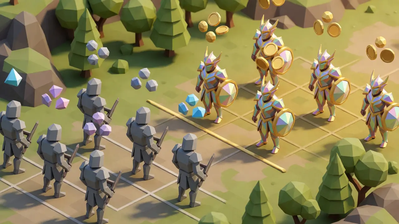 Isometric low poly battle scene showing hero rarities and token rewards