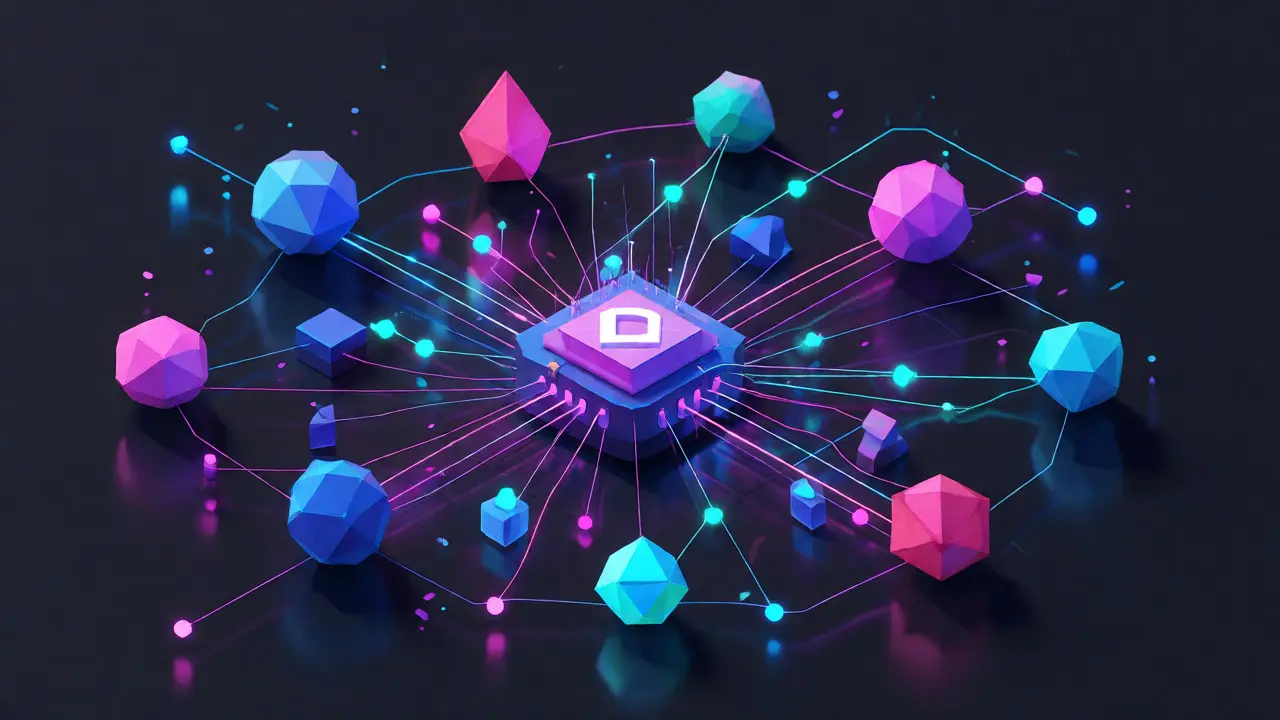 Isometric low poly network of blockchain nodes connected to a central hub