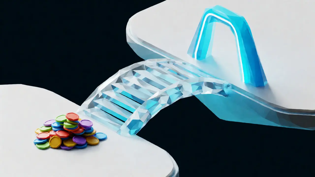 Low poly crystal bridge swapping niche coins