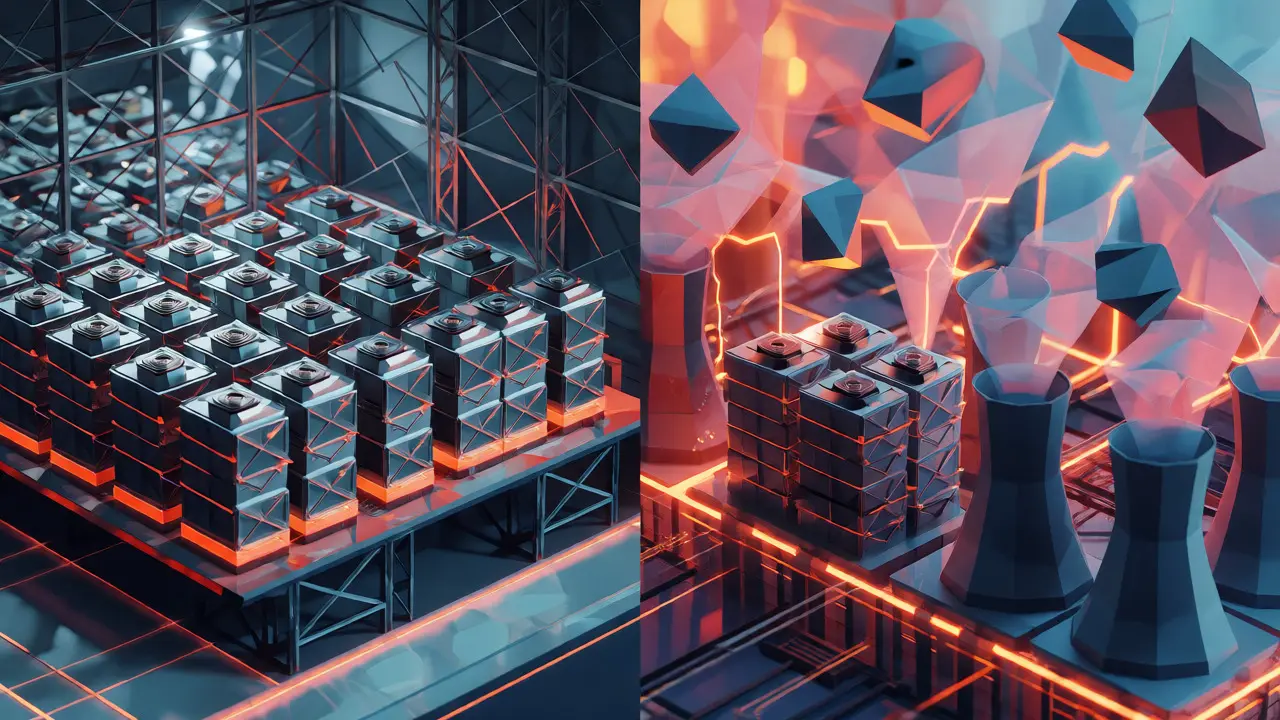 Low poly depiction of ASIC mining farms and infrastructure costs