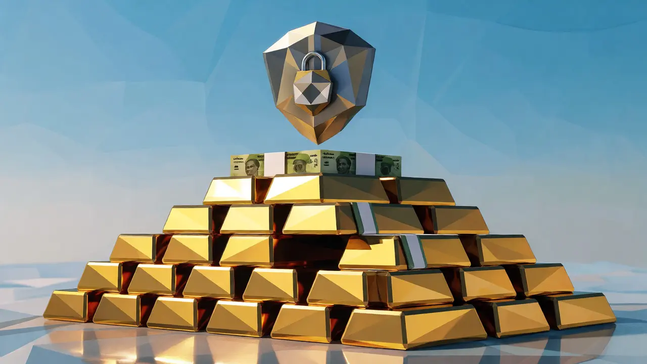 Low poly gold bars and naira notes supporting a security shield icon