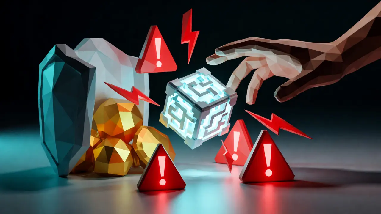 Low poly hand reaching for a smart contract cube near warning signs