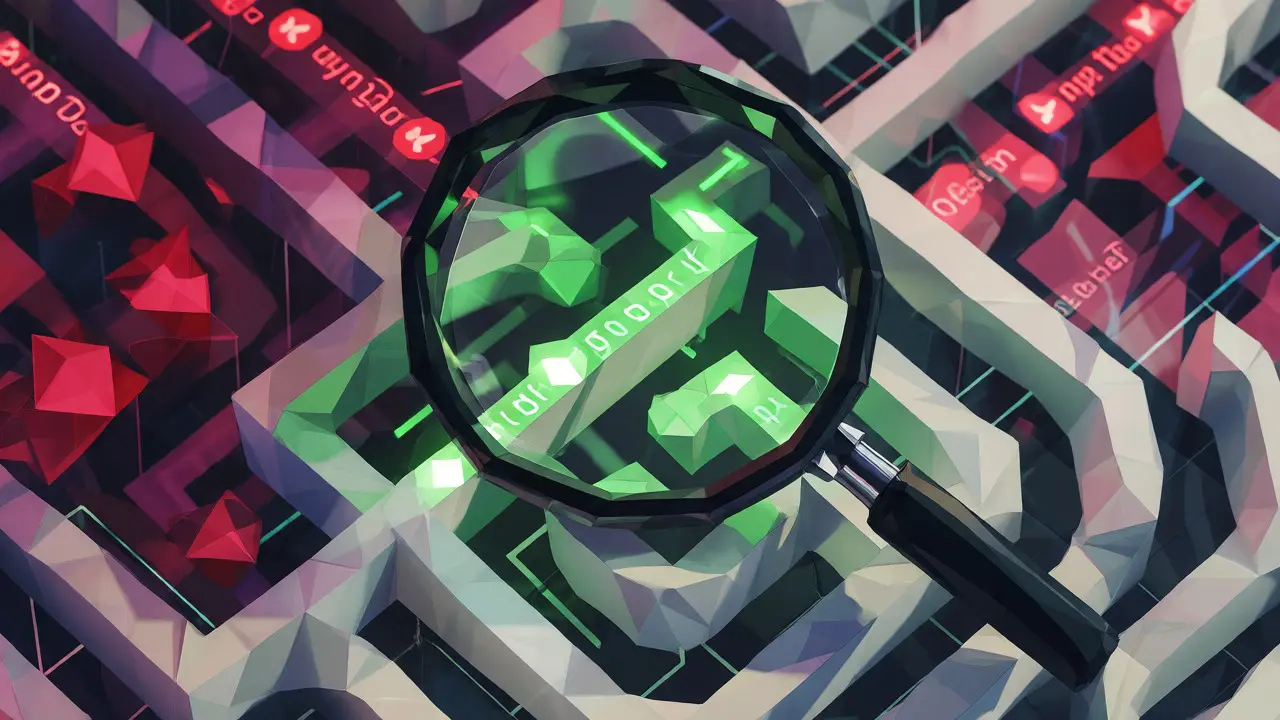 Low-poly magnifying glass inspecting blockchain nodes amidst shadowy scam shapes.