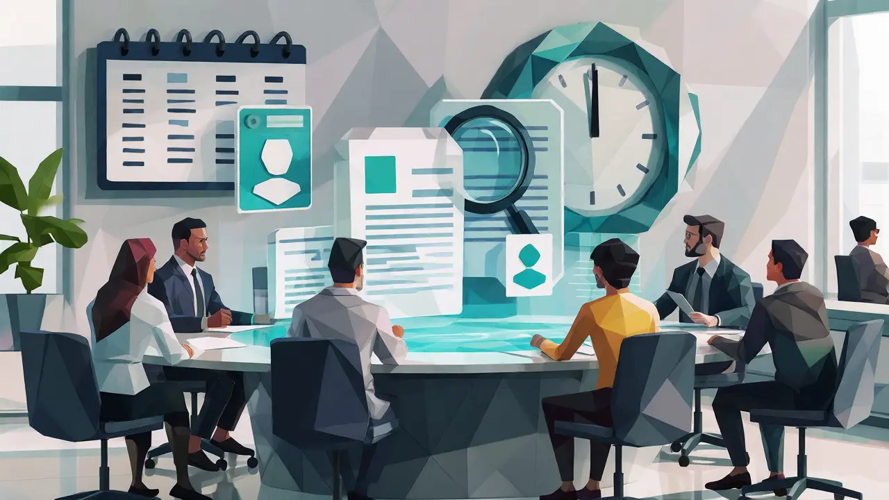 Low poly office team reviewing digital compliance documents