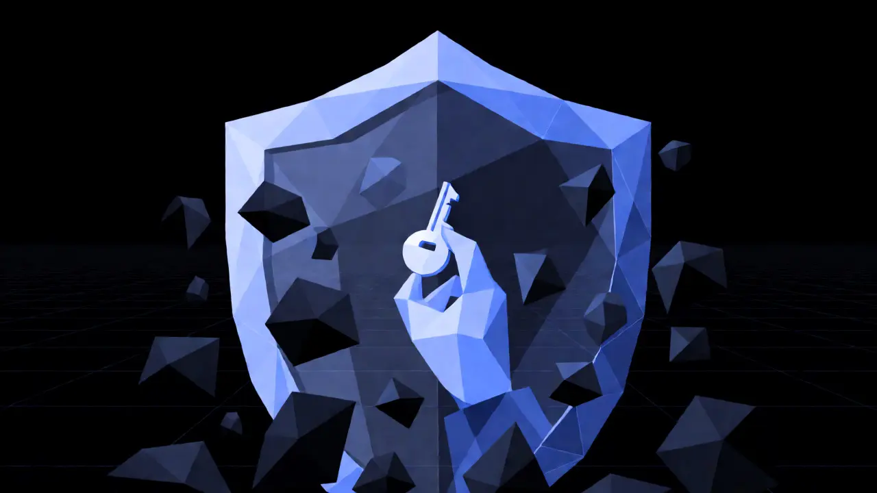 Low poly shield protecting a geometric key from dark polygonal threats