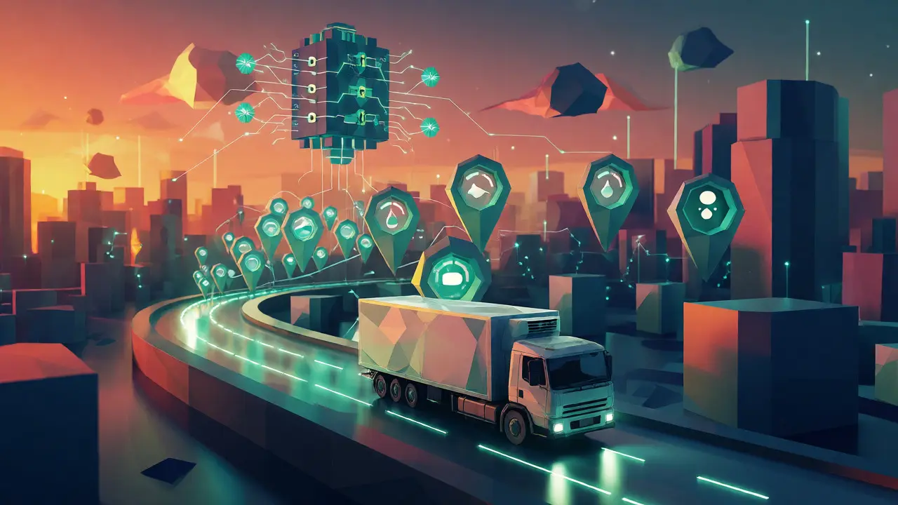 Low-poly truck emitting data icons towards a blockchain ledger.