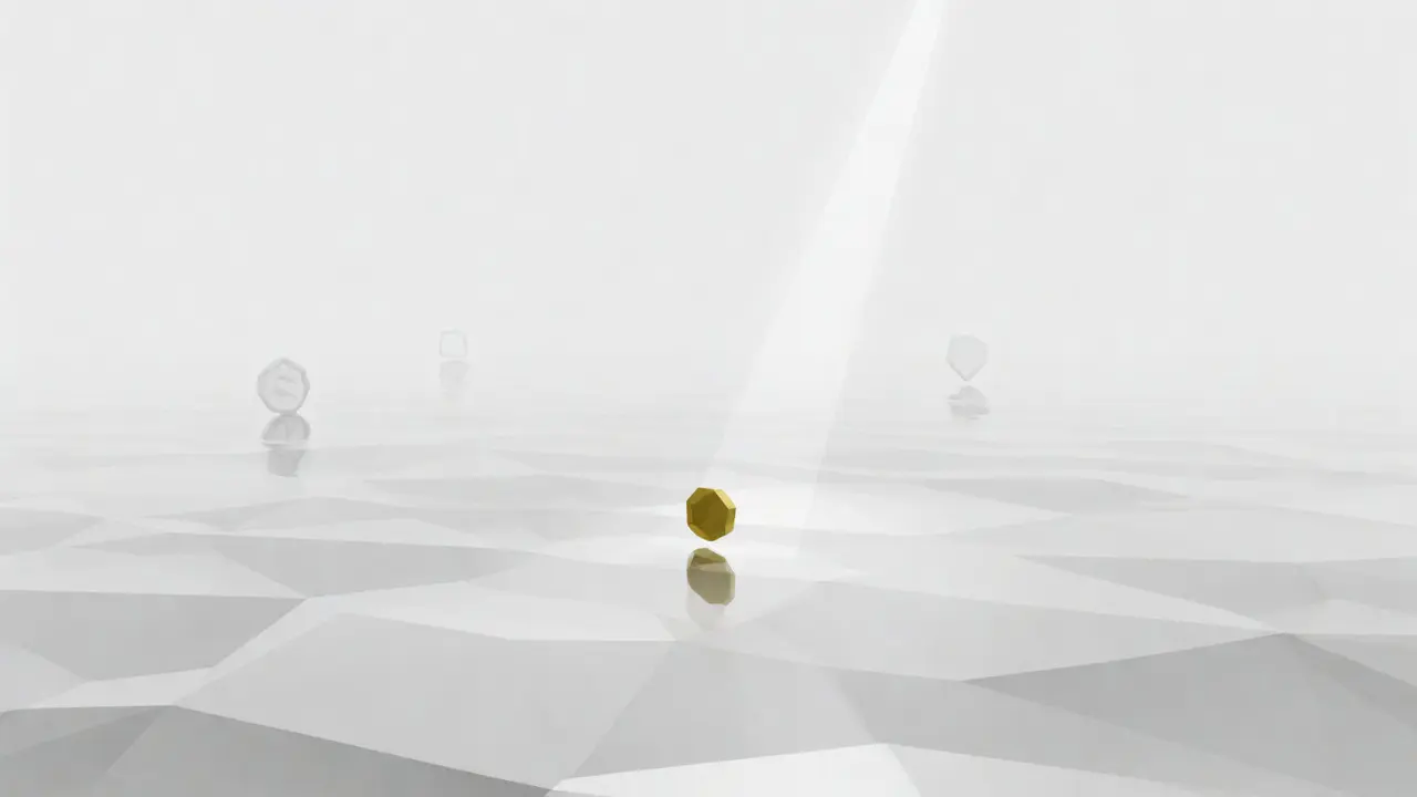 Minimalist low poly scene showing a single tiny coin on a vast empty plane to represent low liquidity.