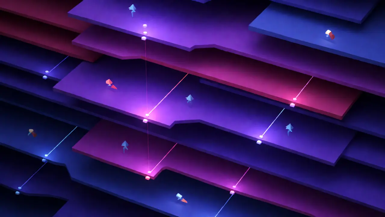Overhead view of layered low-poly platforms representing market layering tactics and artificial depth.
