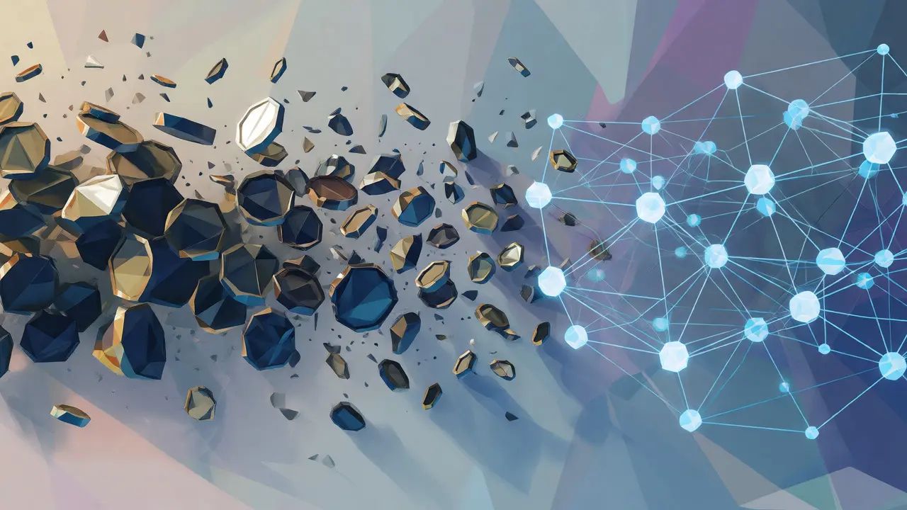 Shattering crypto coins next to an ordered blockchain lattice