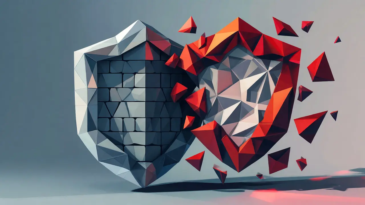 Shattering low-poly shield revealing a hidden map beneath the surface.
