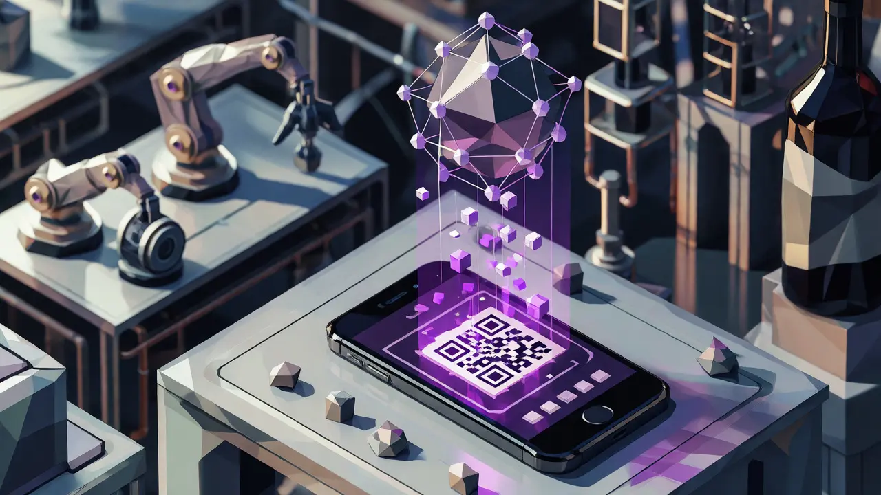 Smartphone scanning a wine bottle, projecting blockchain data nodes.