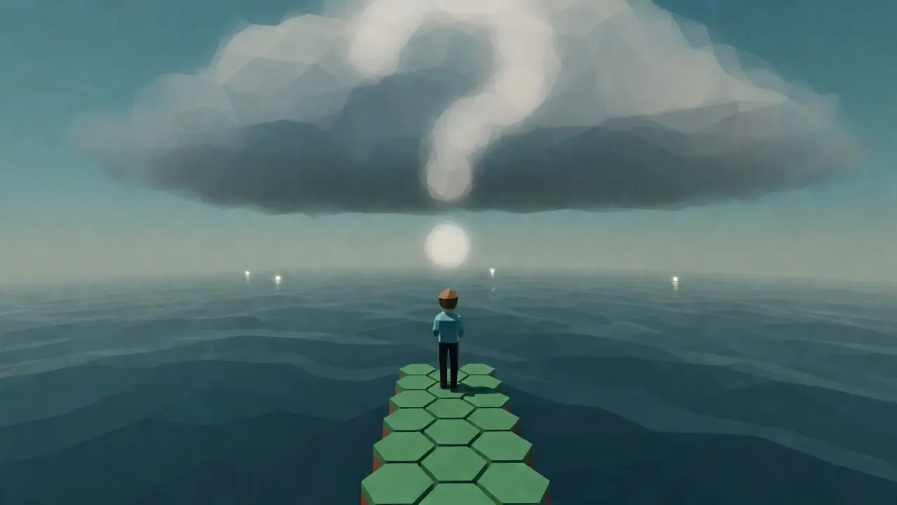 Solitary low poly avatar on a floating island overlooking an empty digital ocean