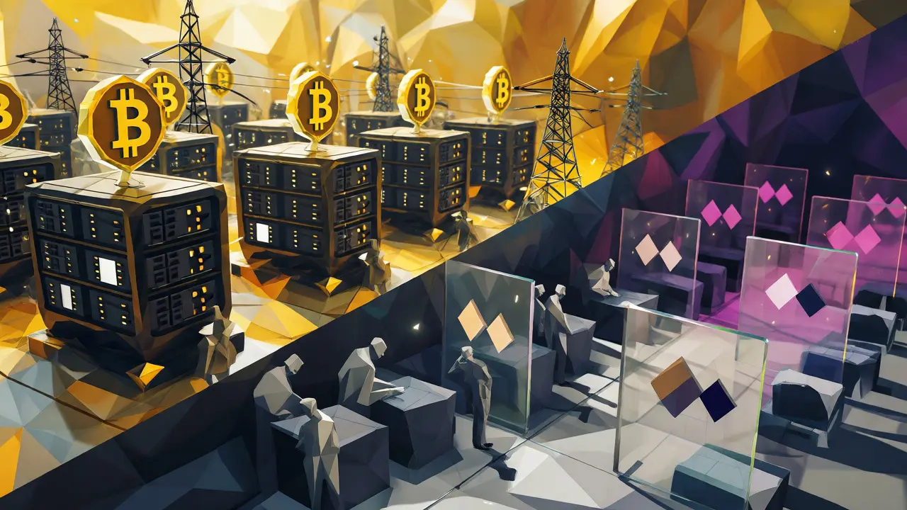 Split scene showing golden energy mining above and restricted grey trading below in low poly style.